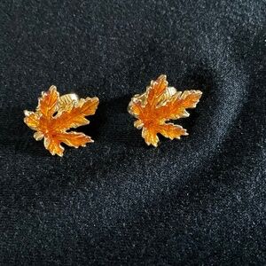 Maple Leaf Gold-Tone, Amber-Colored Enamel/Resin Clip-On Earrings